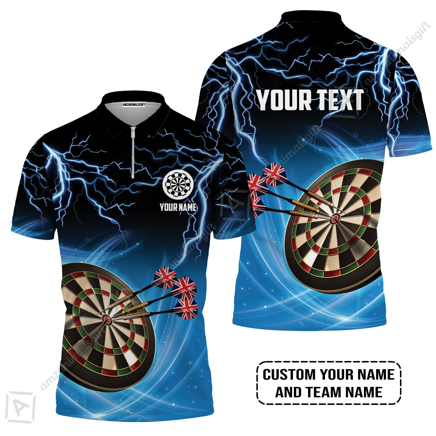 Customized Name & Text Darts Zip Polo Shirt, Kingdom of England Darts Personalized Darts Zip Polo Shirt