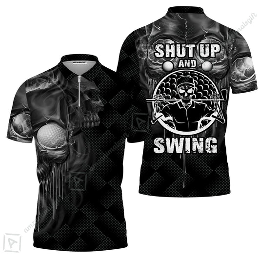 Men Golf Zip Polo Shirt - Scary Skull Golf Shut Up Shirt Design For Men, Best Halloween Zip Polo Shirt