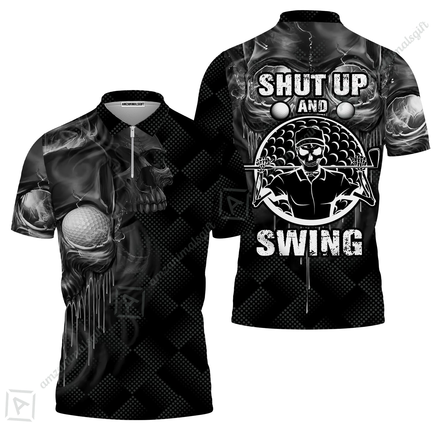 Men Golf Zip Polo Shirt - Scary Skull Golf Shut Up Shirt Design For Men, Best Halloween Zip Polo Shirt
