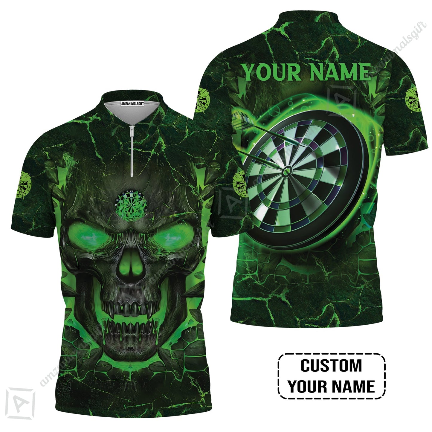 Customized Darts Long Polo Shirt, Flame Green Skull Dartboard Personalized Skull And Darts Long Polo Shirt