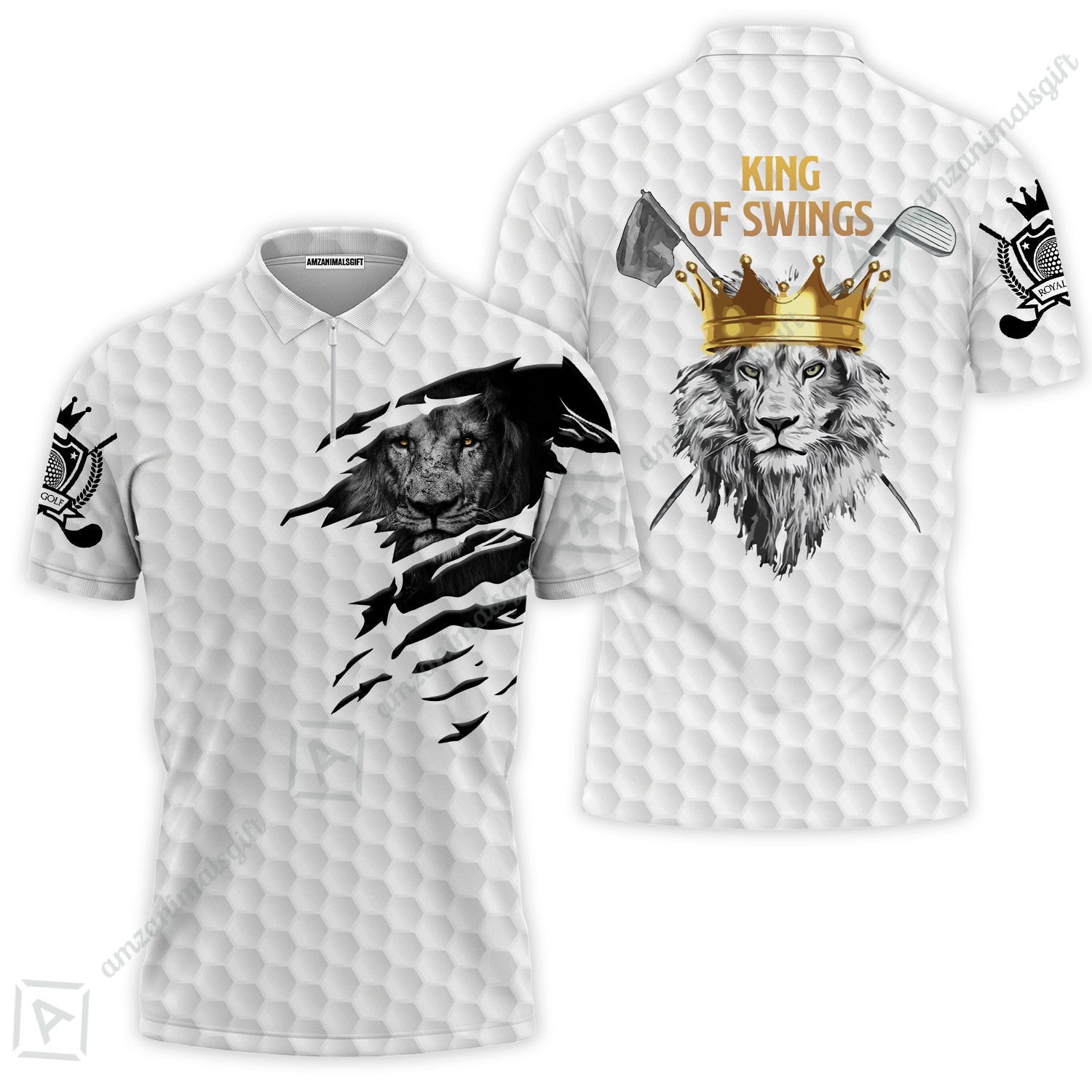 Black And White Lion King Sketching Golf Zip Polo Shirt, King Of Swings Lion Golfing Zip Polo Shirt