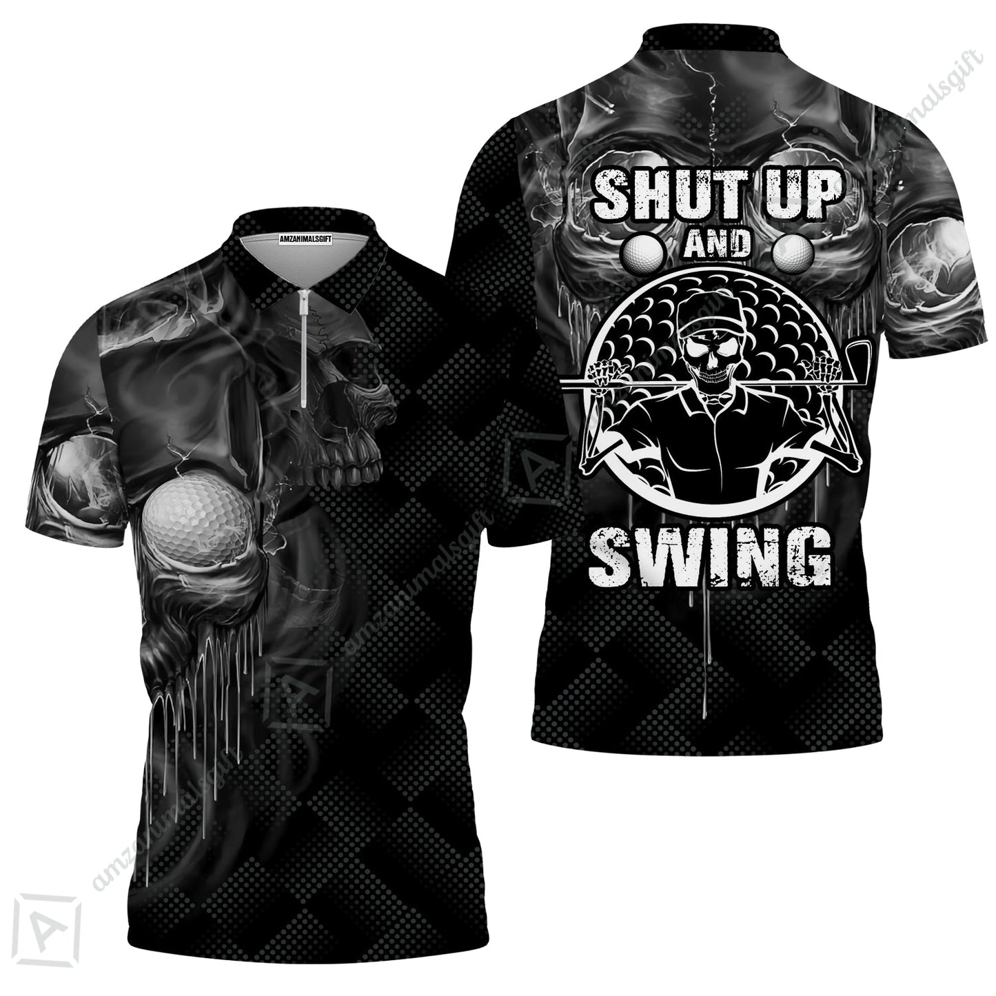 Men Golf Long Polo Shirt - Scary Skull Golf Men Polo Shirt, Golf Shut Up Shirt Design For Men, Best Halloween Long Polo Shirt