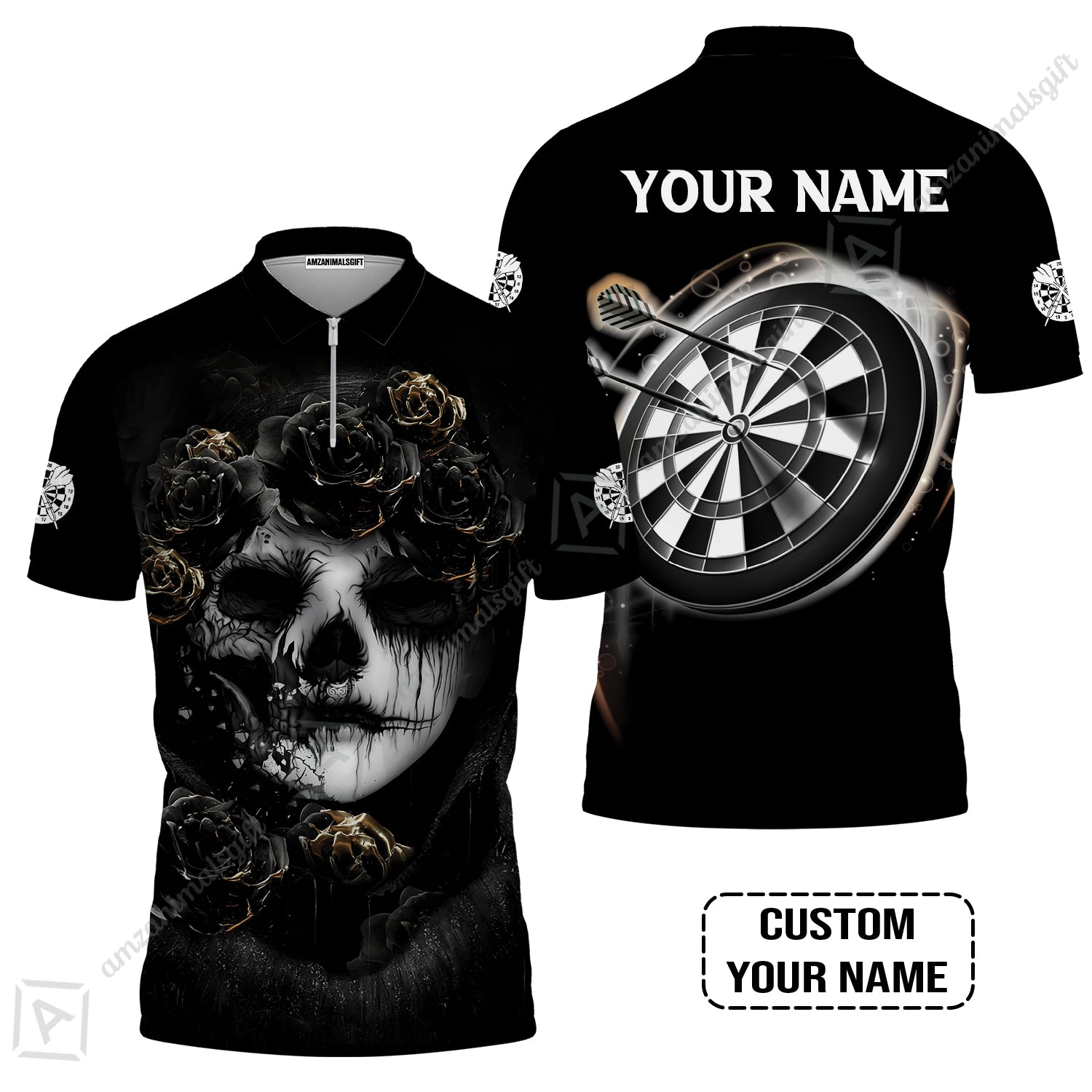 Customized Name Darts Zip Polo Shirt, Flower Skull Girl And Dartboard Personalized Zip Polo Shirt