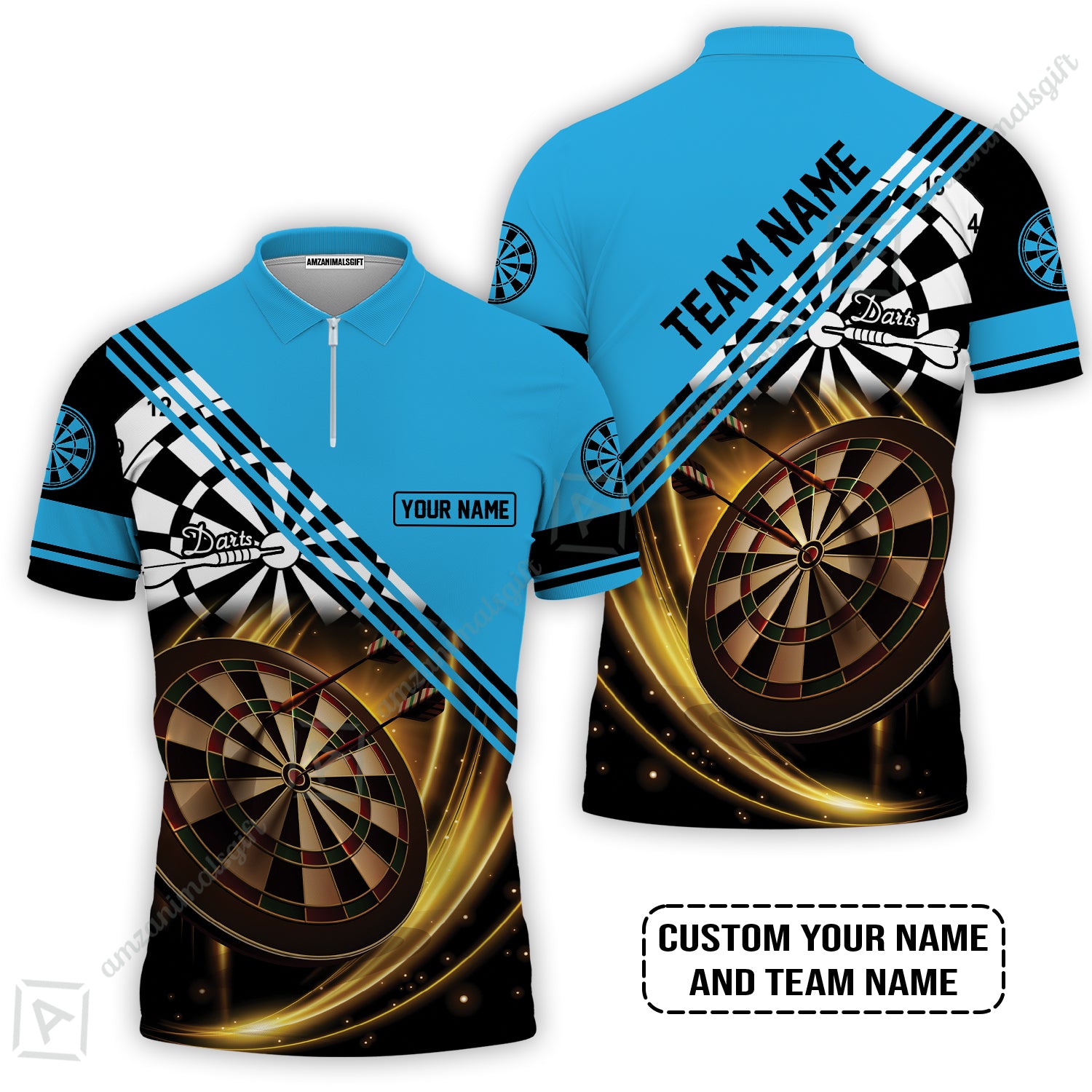 Customized Name & Team Name Darts Zip Polo Shirt, I Love Darts Personalized Blue Darts Zip Polo Shirt