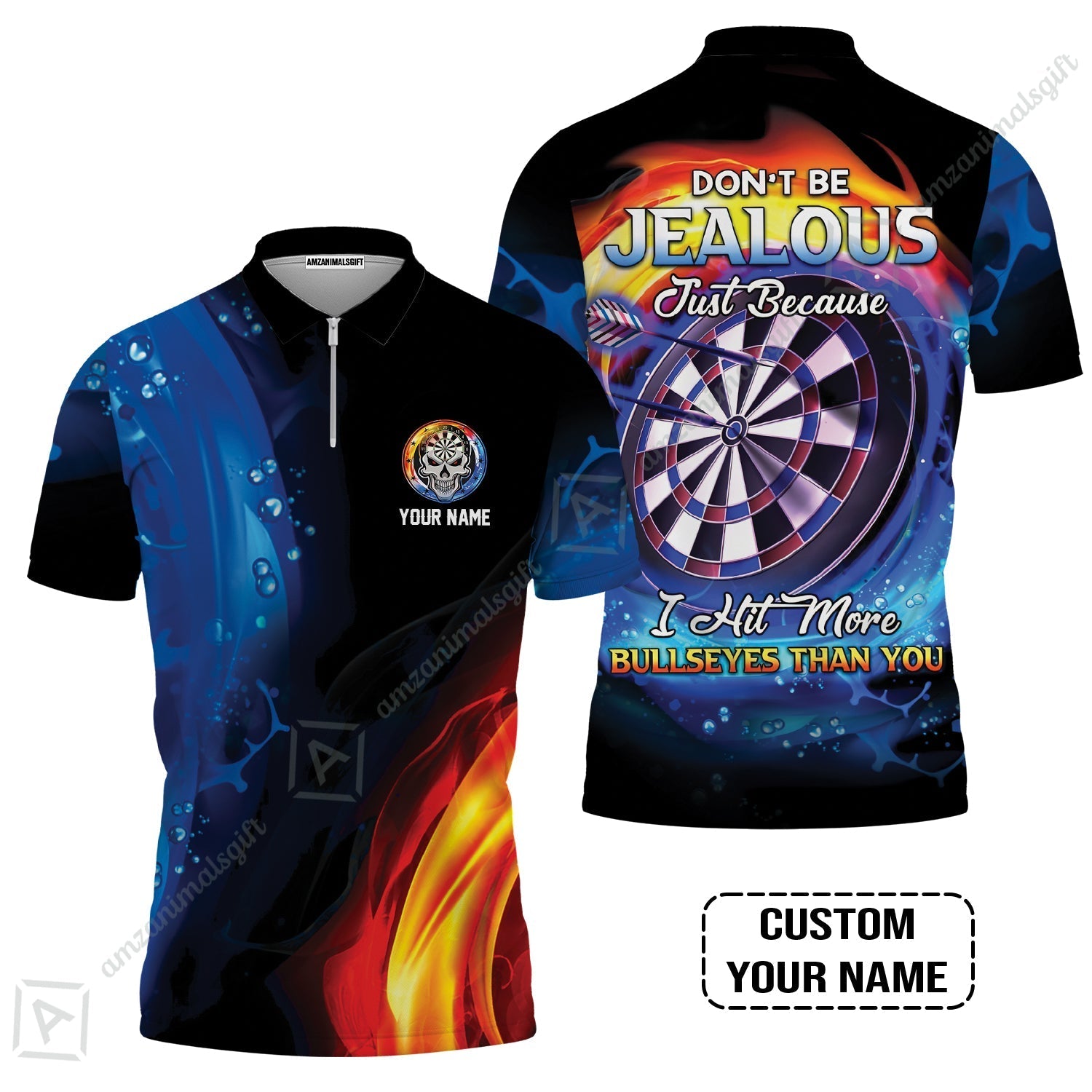 Customized Name Darts Zip Polo Shirt, Don't Be Jealous Personalized Skull Logo And Darts Zip Polo Shirt