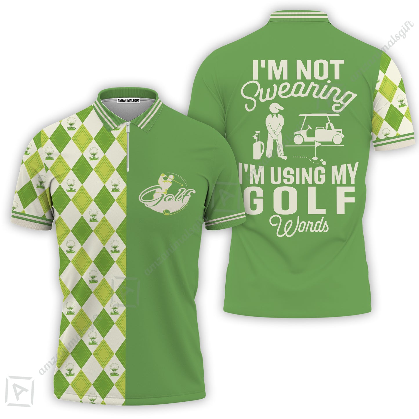 Golf Women Polo Shirt, I'm Not Swearing I'm Using My Golf Words Women Polo Shirt, Green Argyle Pattern Women Polo Shirt