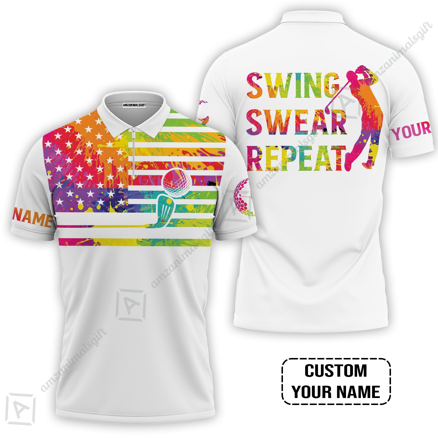 Golf Zip Polo Shirt - Funny Watercolor American Flag Custom Name White Apparel - Swing Swear Repeat Golf Zip Polo Shirt