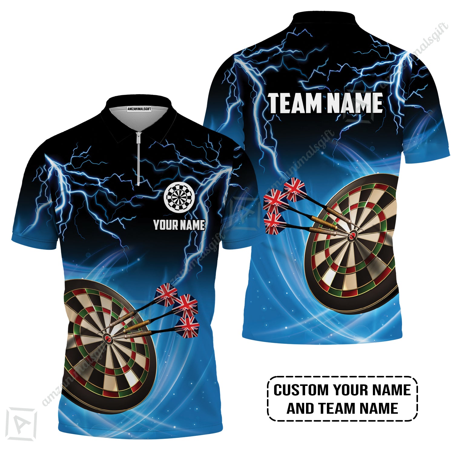 Customized Name & Text Darts Zip Polo Shirt, Kingdom of England Darts Personalized Darts Zip Polo Shirt