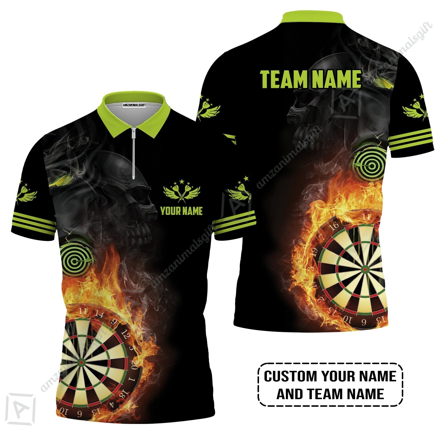Customized Name & Team Darts Zip Polo Shirt, Skull Darts Flame Personalized Darts Zip Polo Shirt