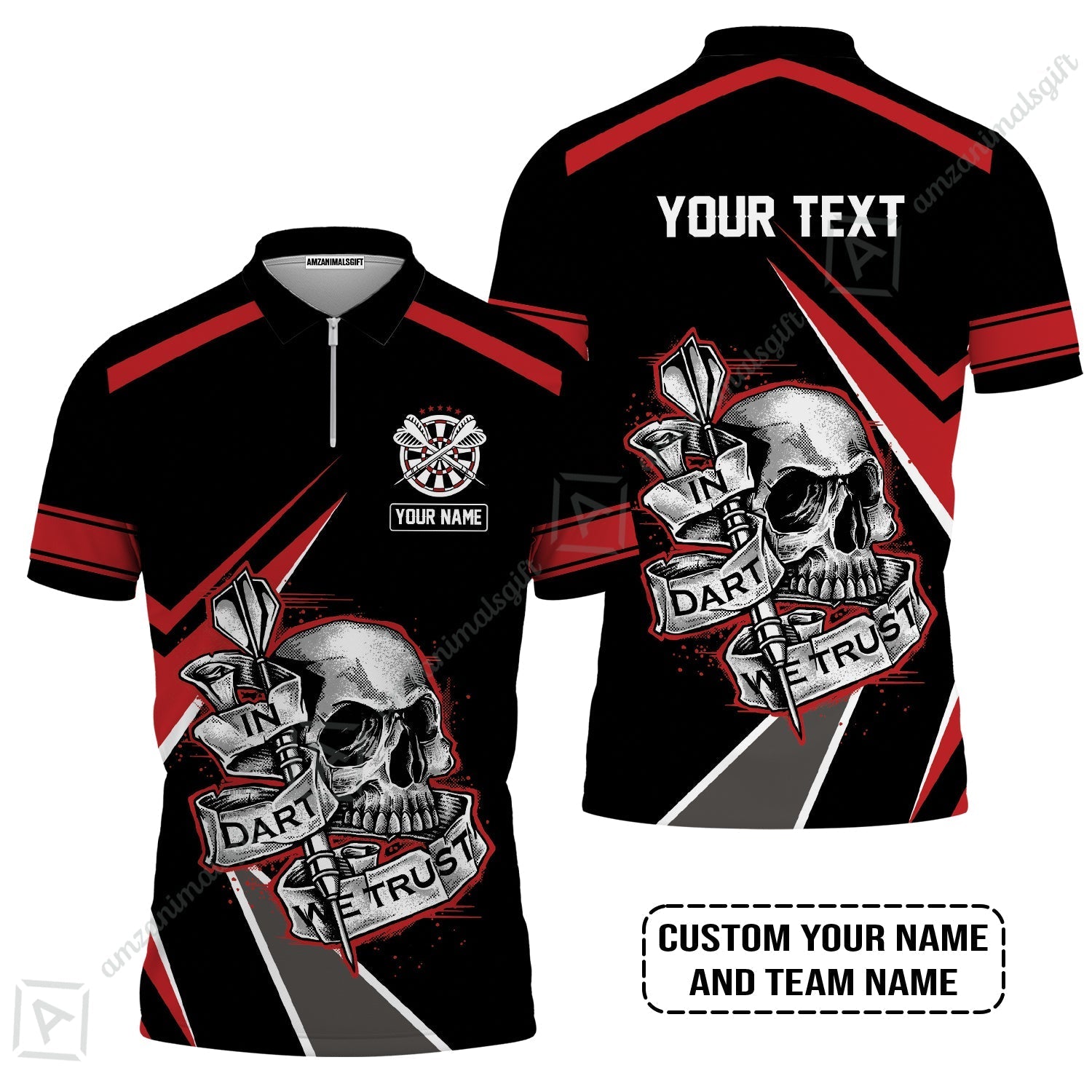 Customized Name & Text Darts Zip Polo Shirt, Skull In Darts We Trust Personalized Darts Zip Polo Shirt