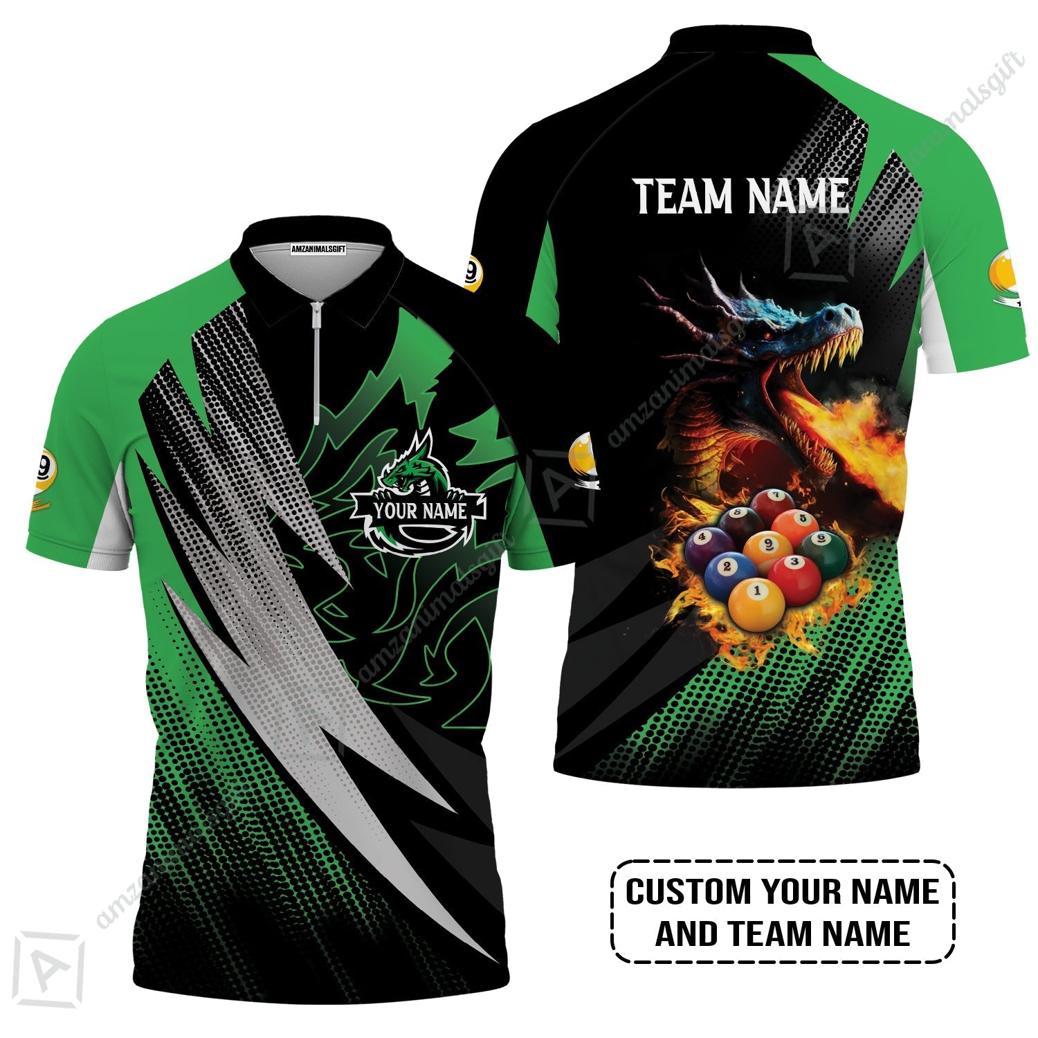 Custom Billiards Zip Polo Shirt, Custom Name And Team Name Billiards Pool 9 Ball Dragon Green Pattern Zip Polo Shirt