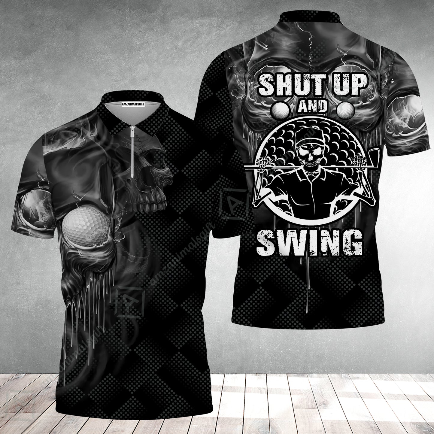 Men Golf Zip Polo Shirt - Scary Skull Golf Shut Up Shirt Design For Men, Best Halloween Zip Polo Shirt