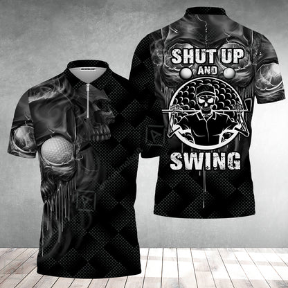 Men Golf Zip Polo Shirt - Scary Skull Golf Shut Up Shirt Design For Men, Best Halloween Zip Polo Shirt