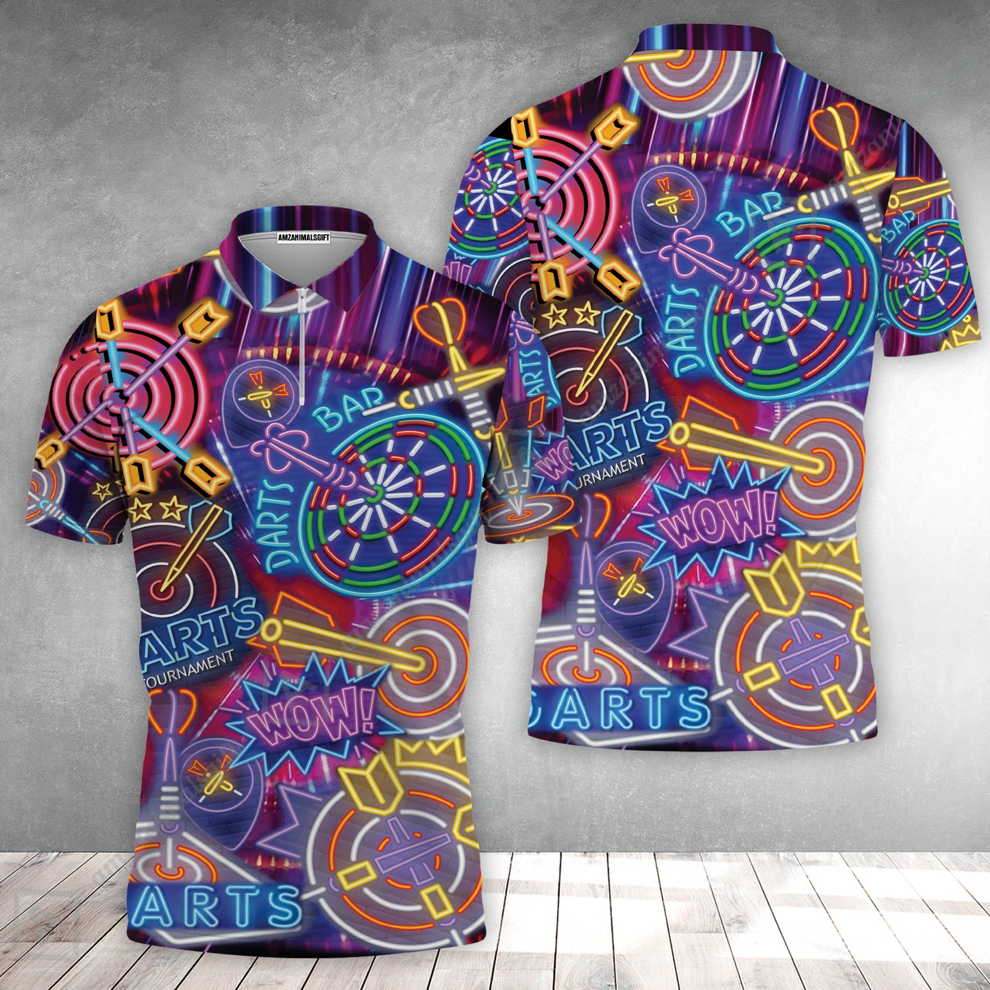 Darts Zip Polo Shirt, Neon Dartboard Zip Polo Shirt For Men Women, Gift For Friend, Darts Lovers, Team, Darts Players