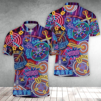 Darts Zip Polo Shirt, Neon Dartboard Zip Polo Shirt For Men Women, Gift For Friend, Darts Lovers, Team, Darts Players