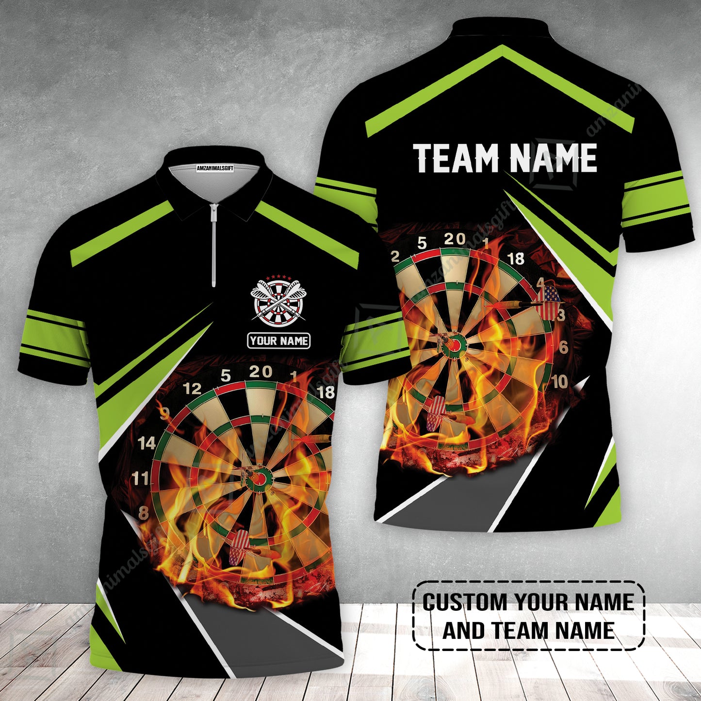 Customized Name & Team Name Darts Zip Polo Shirt, Dartboard Flame Personalized Darts Zip Polo Shirt