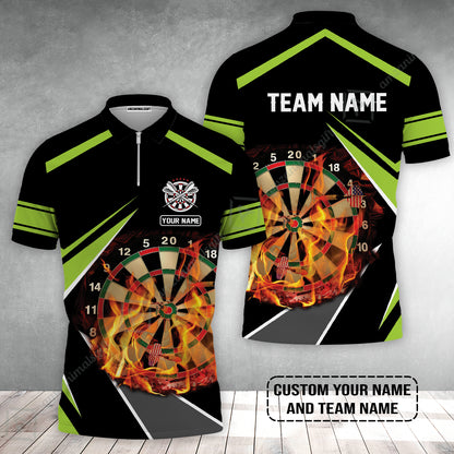 Customized Name & Team Name Darts Zip Polo Shirt, Dartboard Flame Personalized Darts Zip Polo Shirt