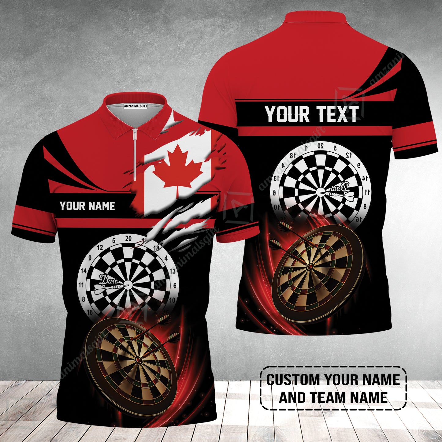 Customized Name & Text Darts Men Polo Shirt, Canada Flag Personalized Name Darts Zip Polo Shirt