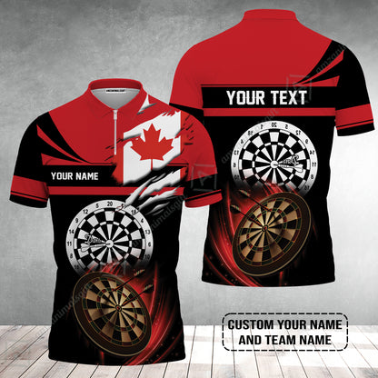 Customized Name & Text Darts Men Polo Shirt, Canada Flag Personalized Name Darts Zip Polo Shirt