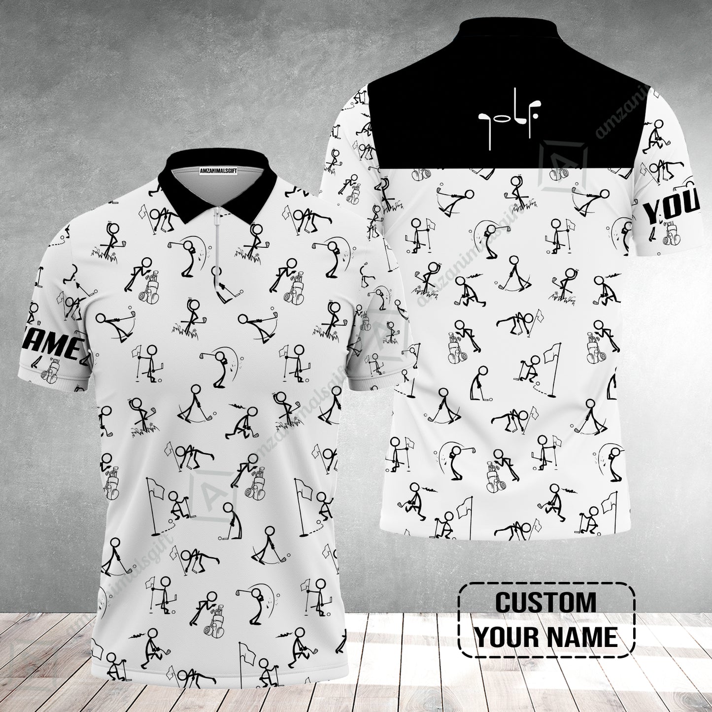 Golf Zip Polo Shirt - Funny Golf Pattern Custom Name White Apparel - Personalized Gift For Golf Lover