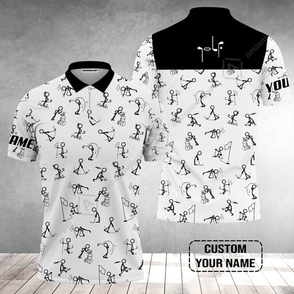 Golf Zip Polo Shirt - Funny Golf Pattern Custom Name White Apparel - Personalized Gift For Golf Lover