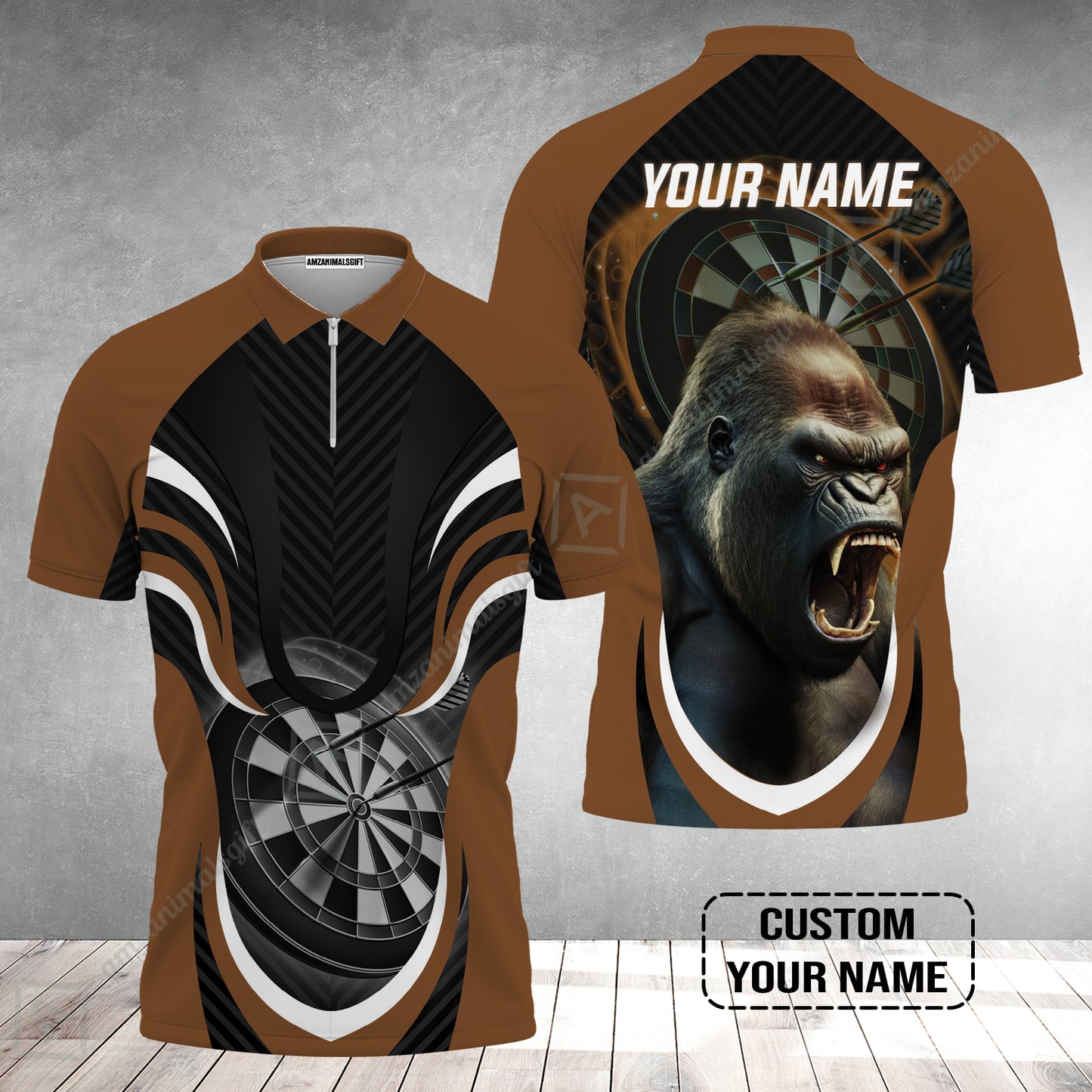 Gorilla And Darts Custom Name Zip Polo Shirt, Bullseye Dartboard Brown Personalized Zip Polo Shirt