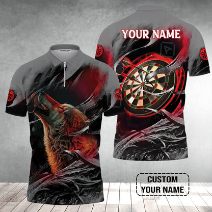 Customized Name Darts Zip Polo Shirt, Bullseye Dartboard Personalized Flame Wolf And Darts Zip Polo Shirt