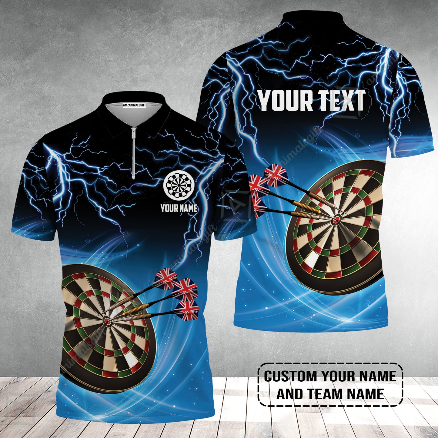 Customized Name & Text Darts Zip Polo Shirt, Kingdom of England Darts Personalized Darts Zip Polo Shirt