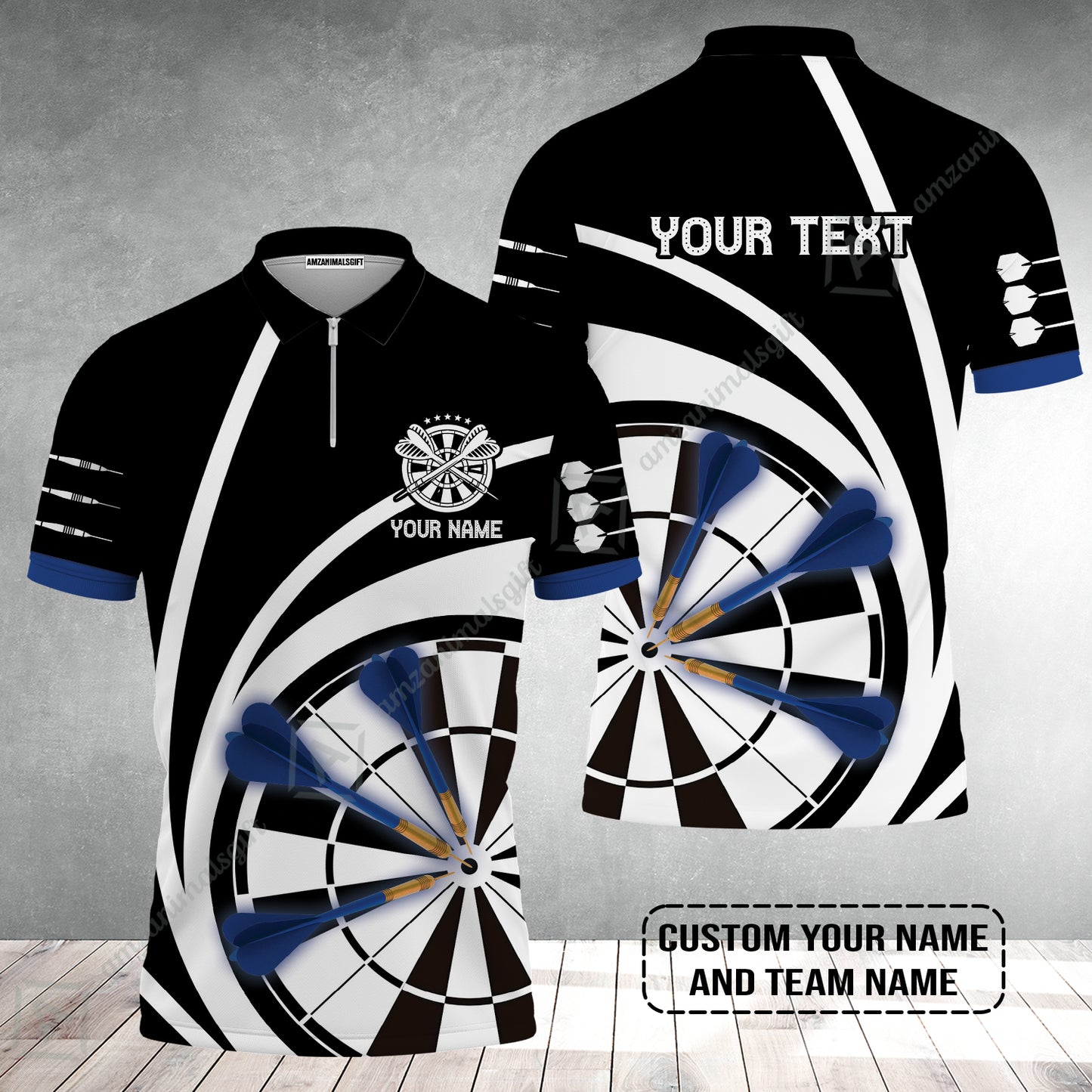 Customized Name & Text Darts Zip Polo Shirt, Personalized Name Blue Dark Darts Team Zip Polo Shirt