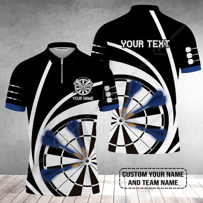 Customized Name & Text Darts Zip Polo Shirt, Personalized Name Blue Dark Darts Team Zip Polo Shirt