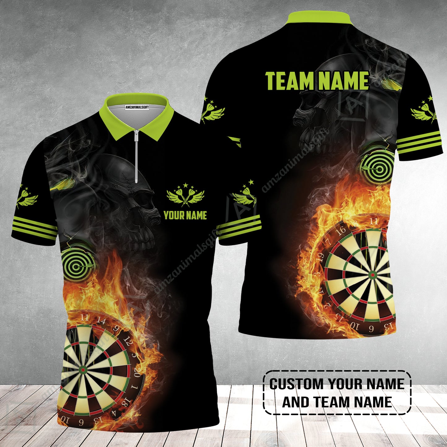 Customized Name & Team Darts Zip Polo Shirt, Skull Darts Flame Personalized Darts Zip Polo Shirt