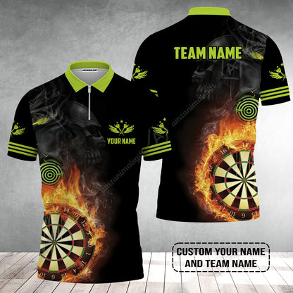Customized Name & Team Darts Zip Polo Shirt, Skull Darts Flame Personalized Darts Zip Polo Shirt
