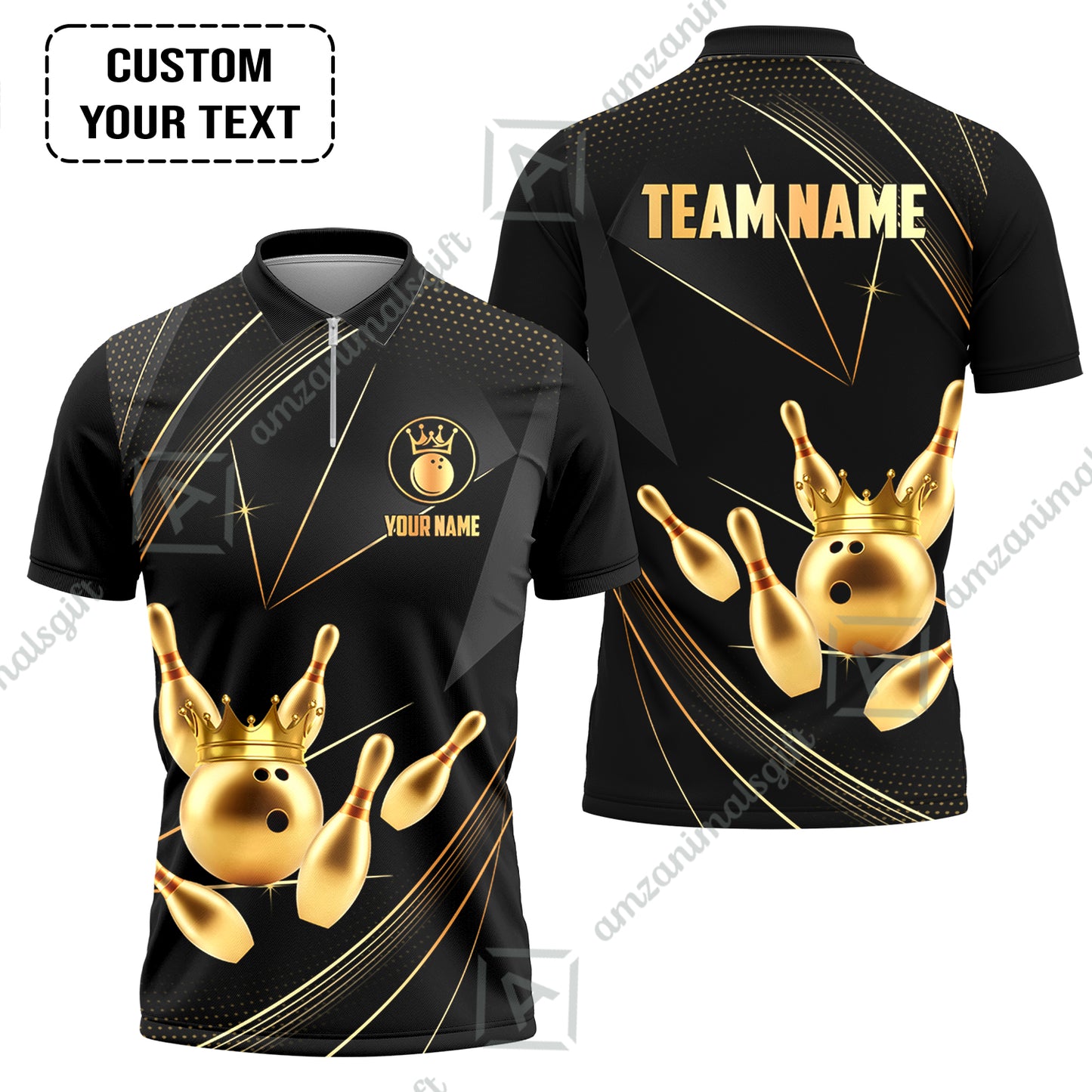 Custom Bowling Jerseys Shirts Women Quarter-Zip Polo,  Bowling Ball & Pins Premium Crown Customized Name And Team Name, custom bowling uniforms