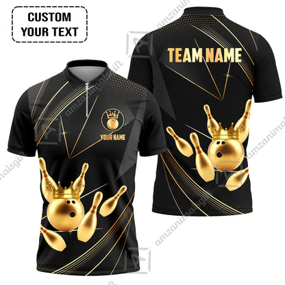Custom Bowling Jerseys Shirts Women Quarter-Zip Polo,  Bowling Ball & Pins Premium Crown Customized Name And Team Name, custom bowling uniforms