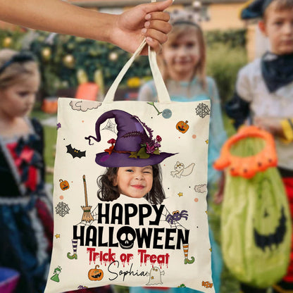 Halloween Tote Bag Customized Photo And Name Trick Or Treat, Perfect Halloween Gift For Son, Daughter, Grandson, Granddaughter