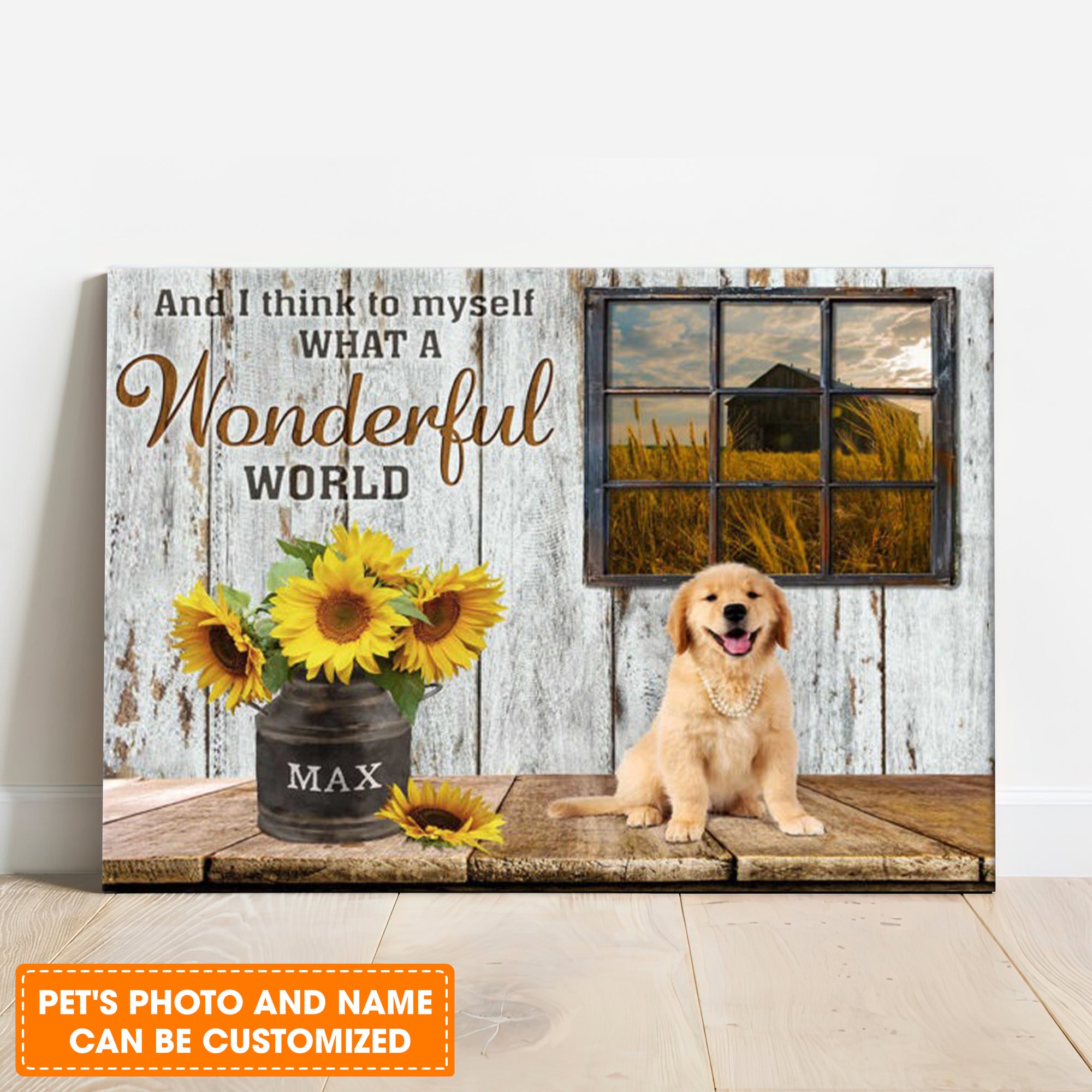 Custom Name & Photo Dog Premium Wrapped Landscape Canvas, What A Wonderful World Personalized Dog Canvas - Perfect Gift For Dog Lovers, Family, Friend