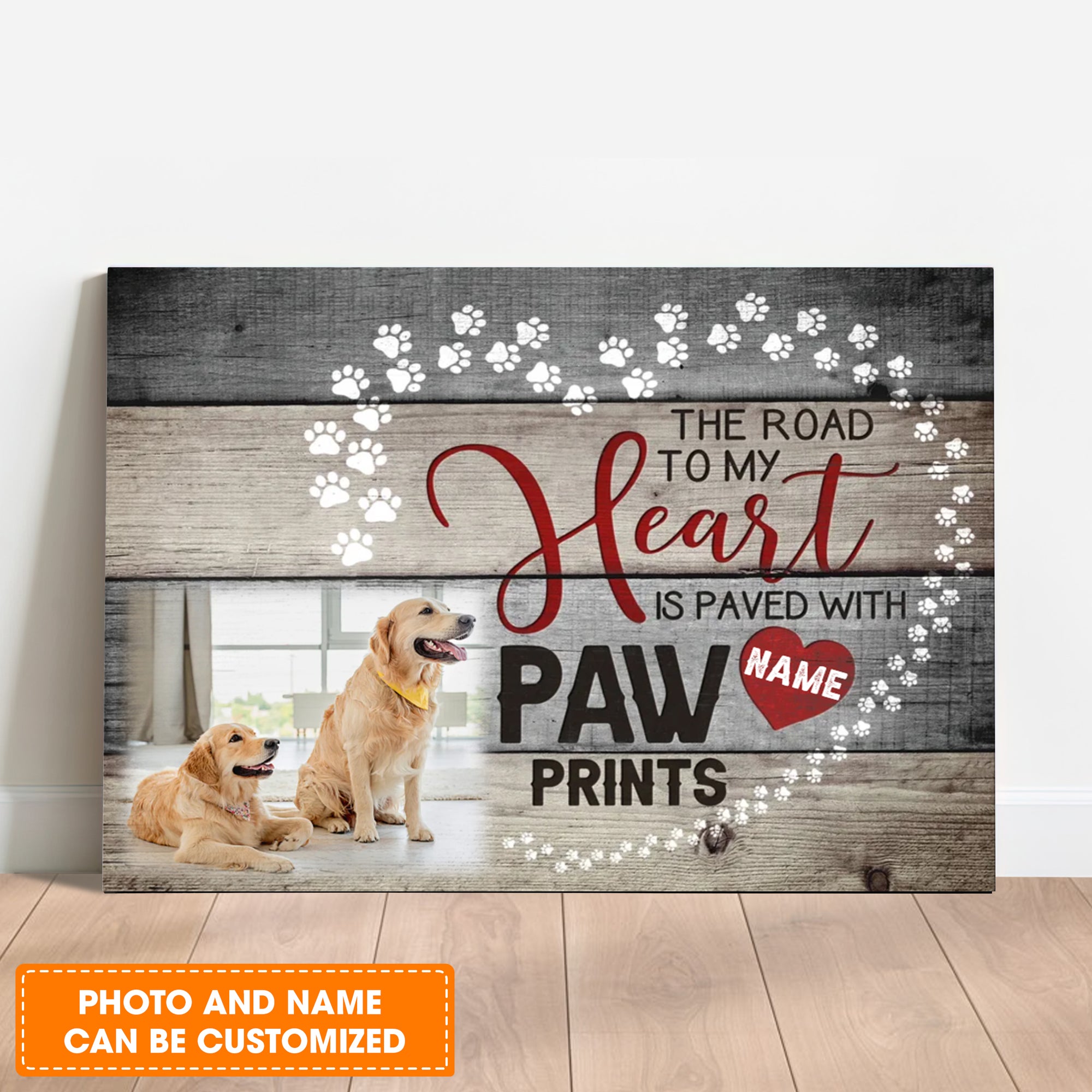 Custom Name & Photo Dog Premium Wrapped Landscape Canvas, Dog Paw Heart Personalized Dog Canvas - Perfect Gift For Dog Lovers, Family, Friend