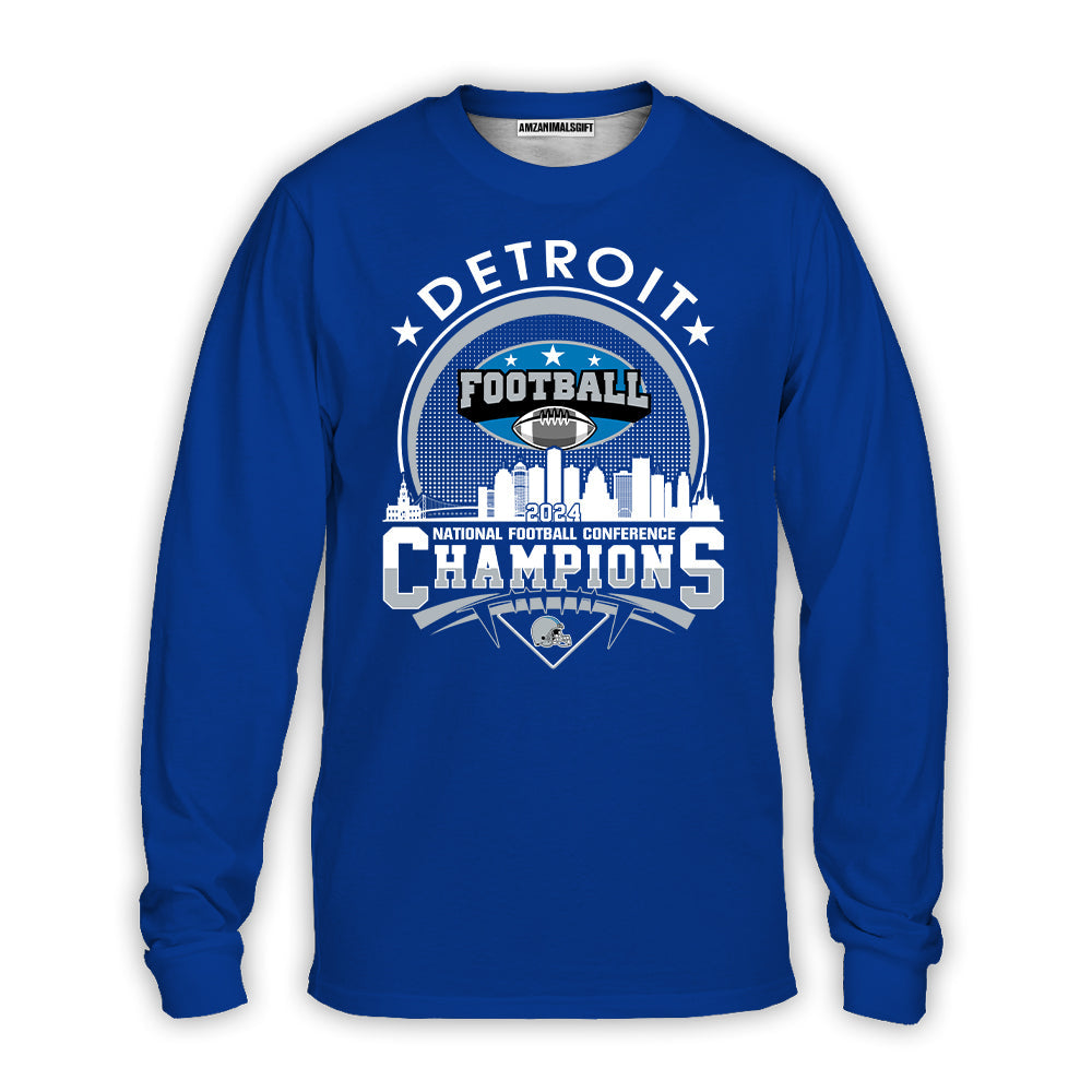 Detroit Football Skyline 2023 2024 NFC Champions Long Sleeve Shirts, Conquered The NFC Champions Apparel And Gear For Detroit Football Fans
