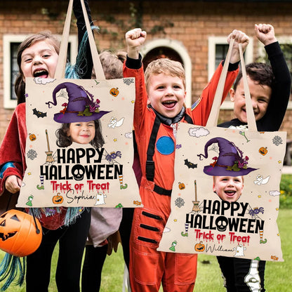 Halloween Tote Bag Customized Photo And Name Trick Or Treat, Perfect Halloween Gift For Son, Daughter, Grandson, Granddaughter