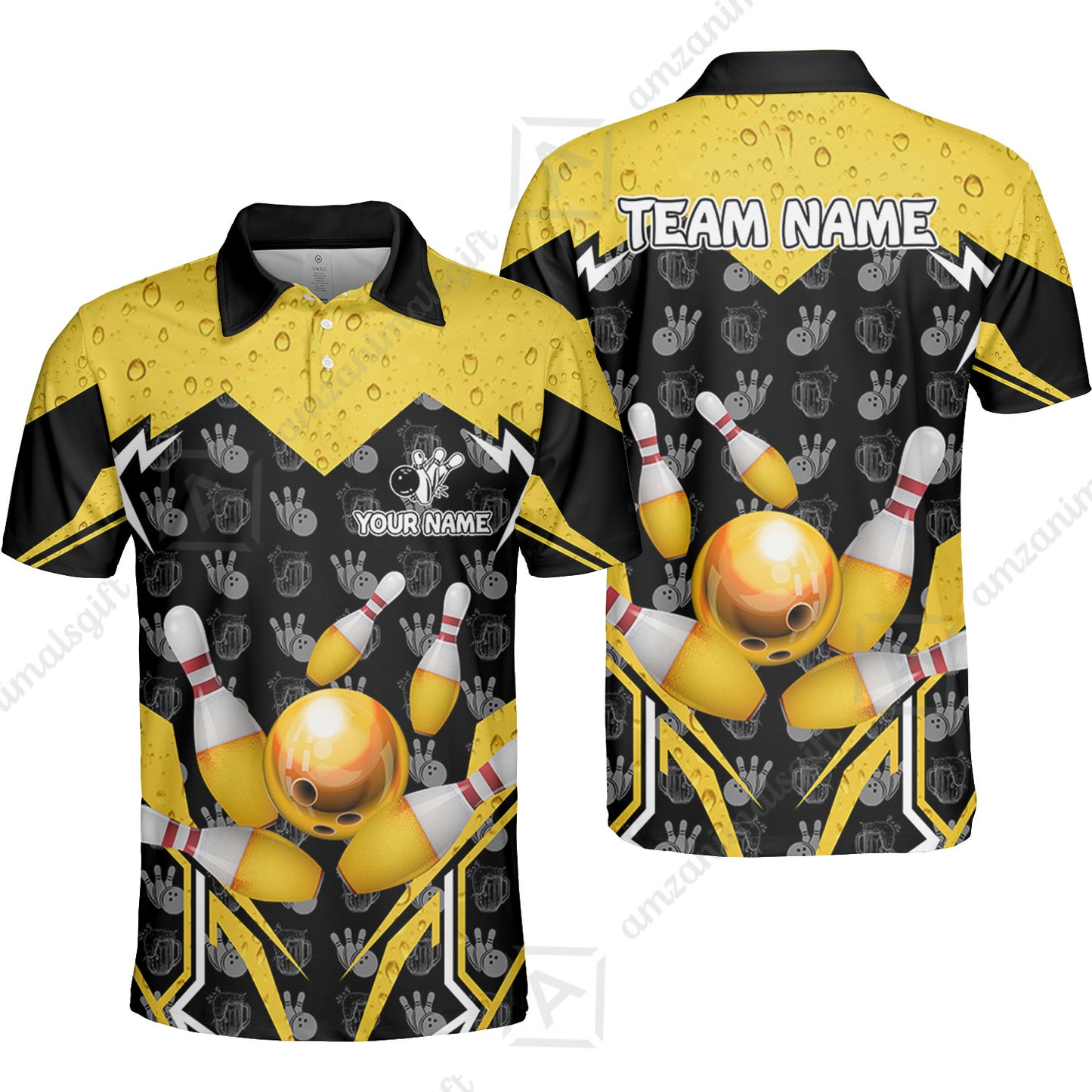 Custom Bowling Team Jersey, Bowling Beer Ball Lightning Strike Polo Quarter-Zip Shirts, Bowling Uniforms Jerseys, Custom Name And Team Name