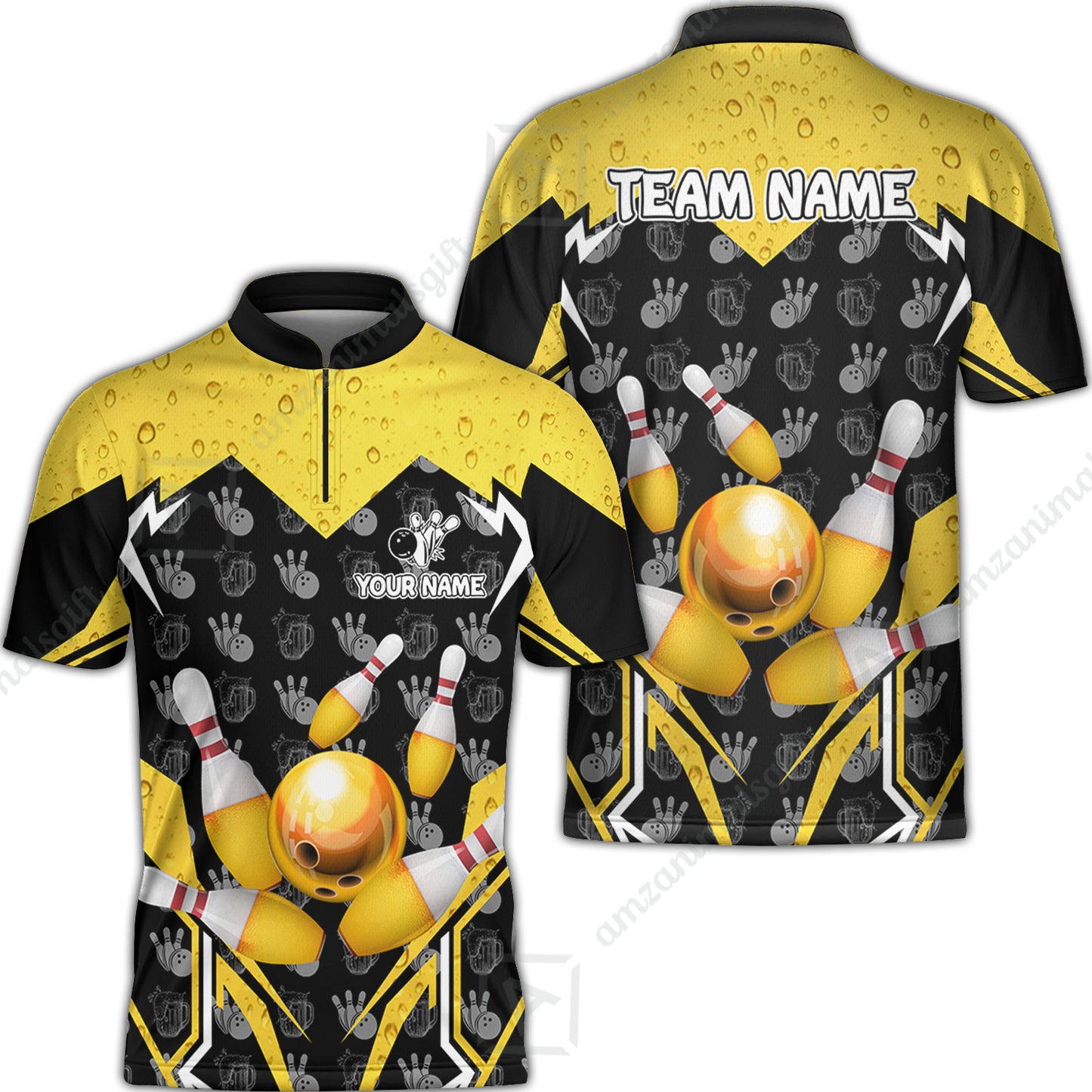 Custom Bowling Team Jersey, Bowling Beer Ball Lightning Strike Polo Quarter-Zip Shirts, Bowling Uniforms Jerseys, Custom Name And Team Name