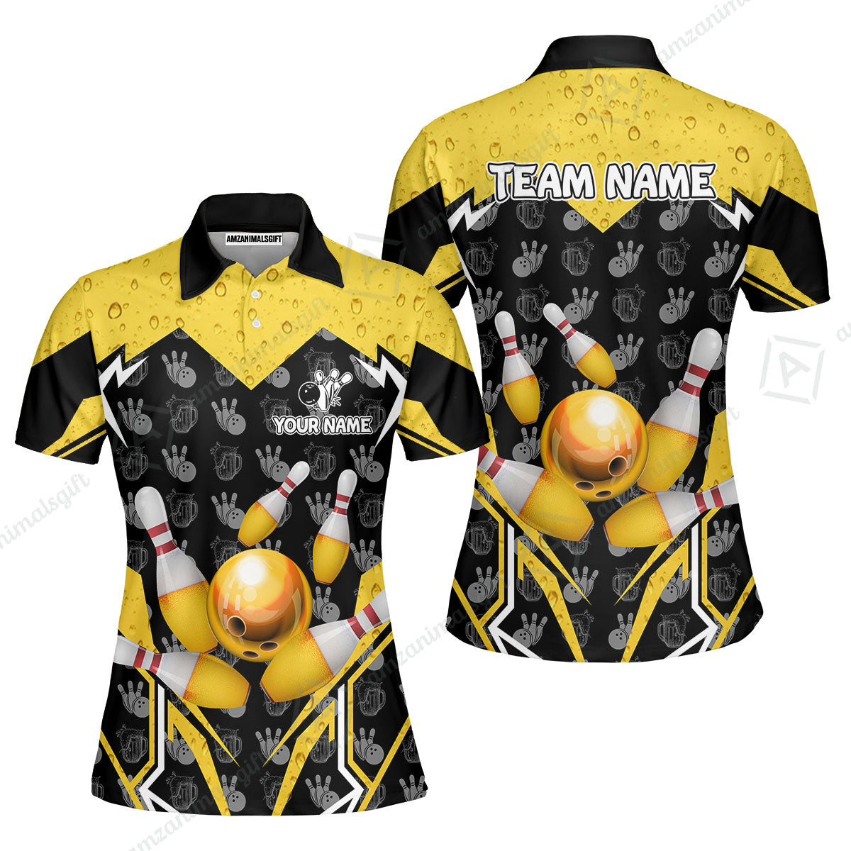 Custom Bowling Team Jersey, Bowling Beer Ball Lightning Strike Polo Quarter-Zip Shirts, Bowling Uniforms Jerseys, Custom Name And Team Name