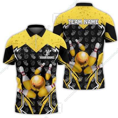 Custom Bowling Team Jersey, Bowling Beer Ball Lightning Strike Polo Quarter-Zip Shirts, Bowling Uniforms Jerseys, Custom Name And Team Name