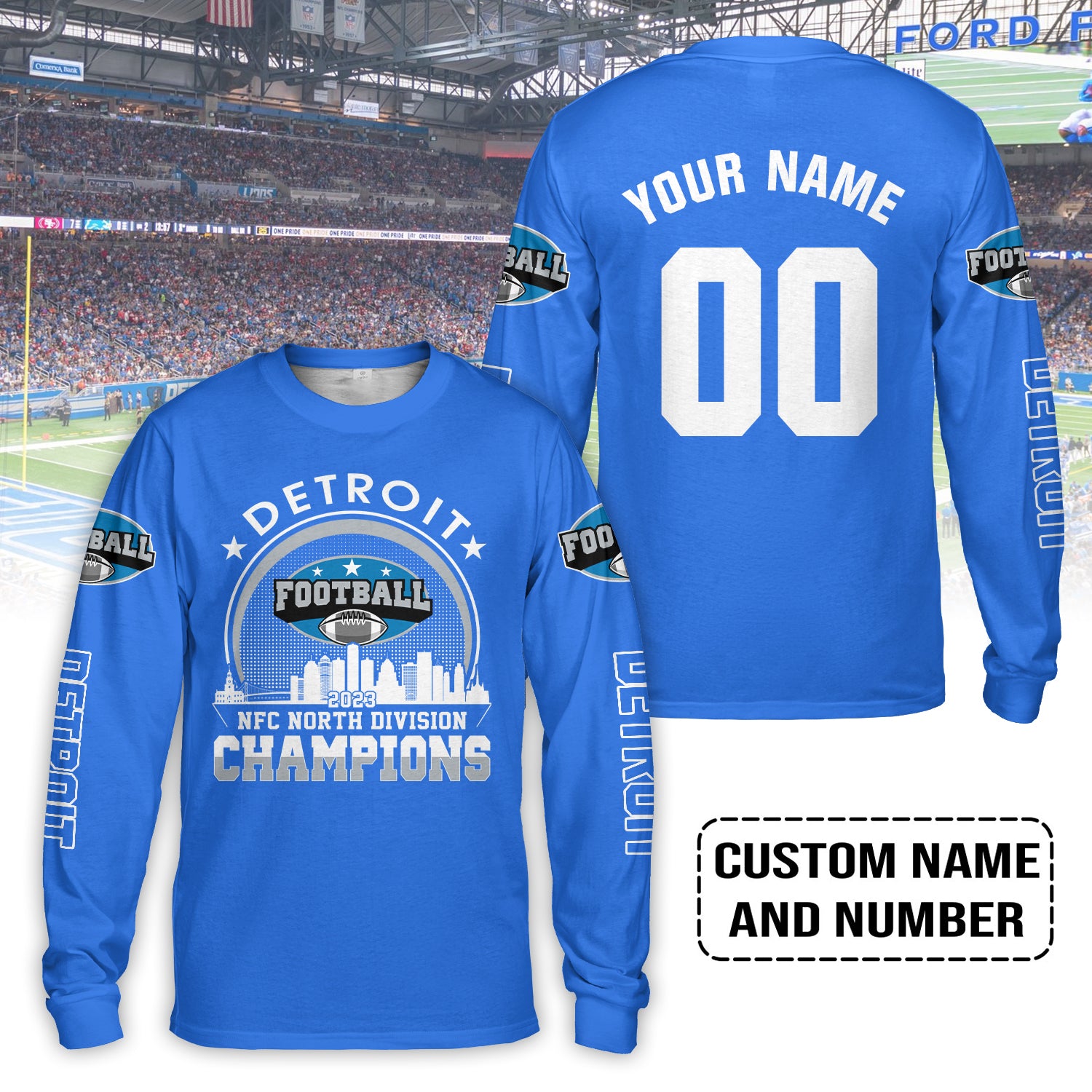 Detroit Football 2023 NFC North Champions Skyline Custom Long Sleeve Shirts, Conquered The North Champs Custom Shirt, Detroit Football Fan Gifts