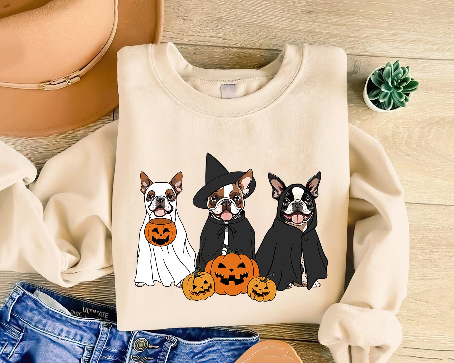 Boston Terrier Sweatshirt, Ghost And Witch Boston Terrier Sweatshirt, Halloween Dog Shirt - Best Gift For Dog Lover