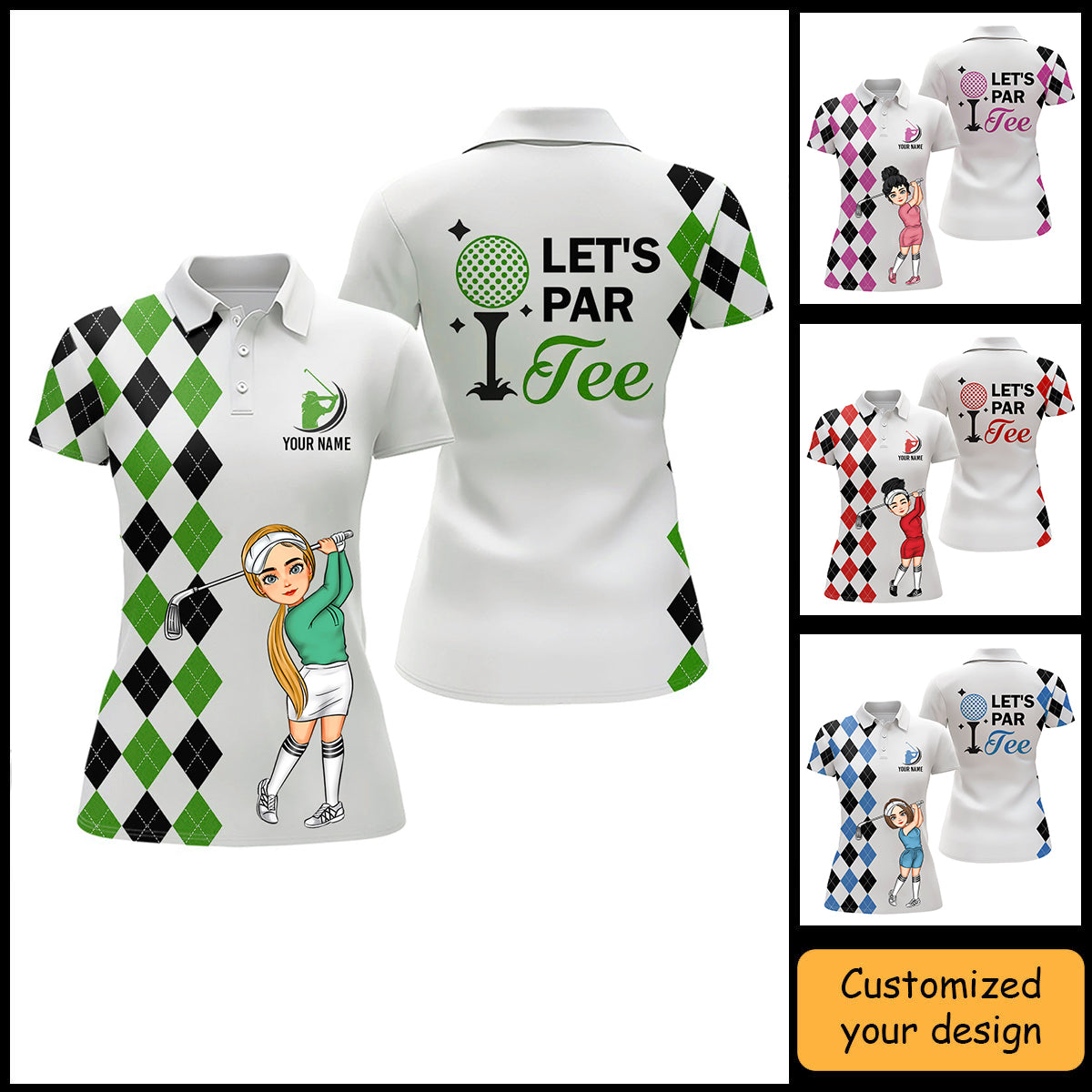 Golf Custom Women Polo Shirt, Argyle pattern Women golf polo shirt, Personalized Let's par tee Women Golf Polo Shirt