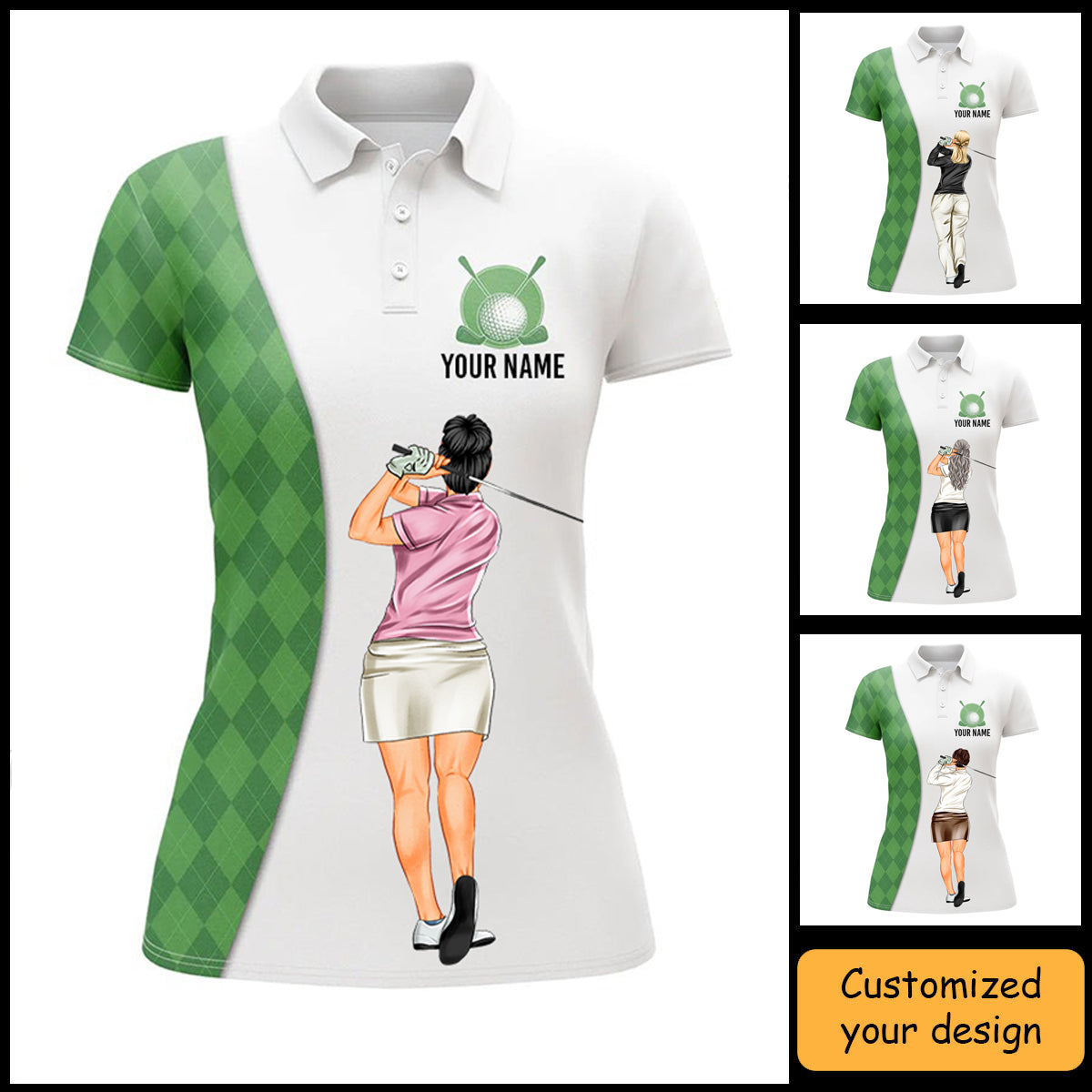 Golf Custom Women Polo Shirt, Green Argyle Plaid Pattern Golf Women Golf Polo Shirt