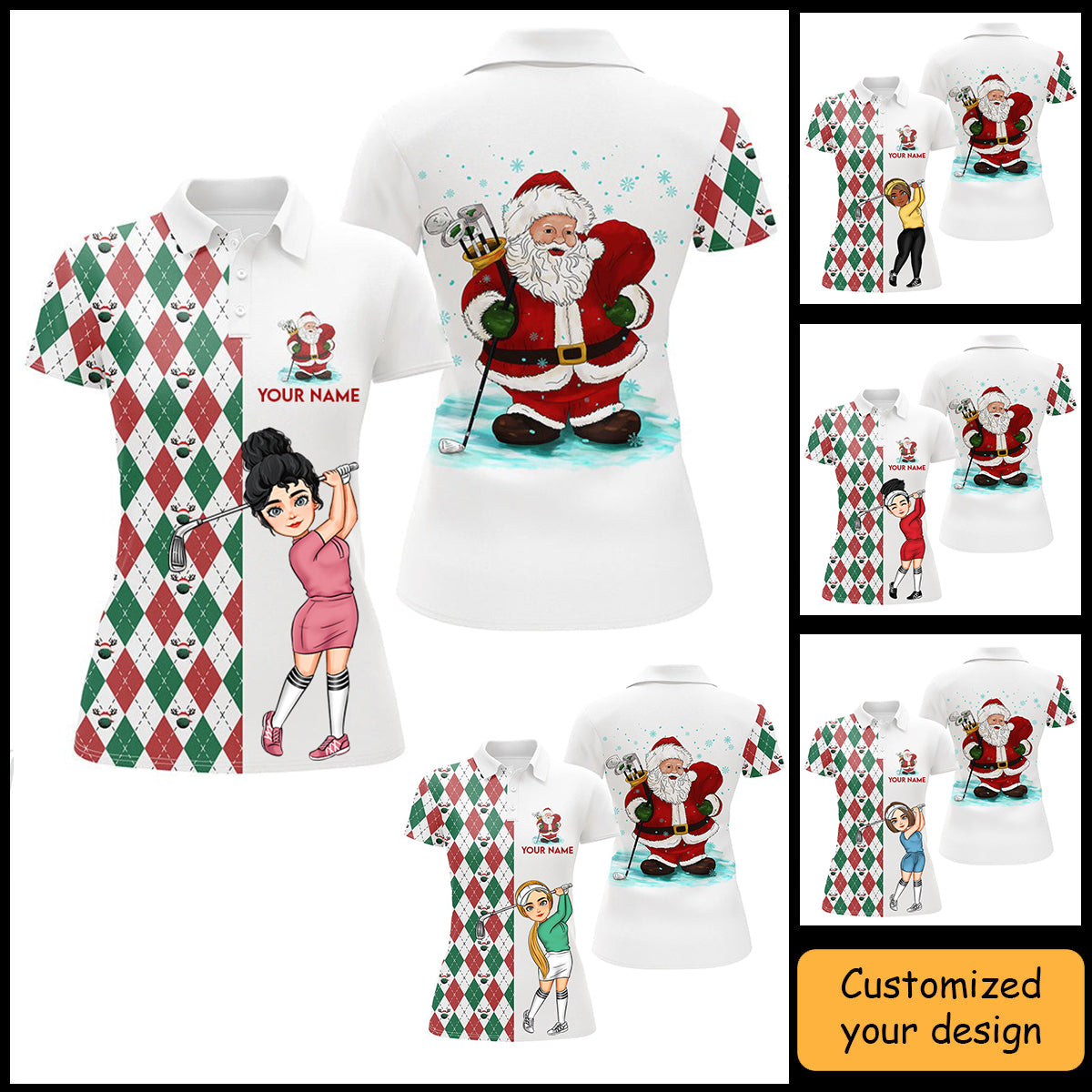 Golf Custom Women Polo Shirt, Argyle Pattern Christmas Personalized Women Polo Shirt