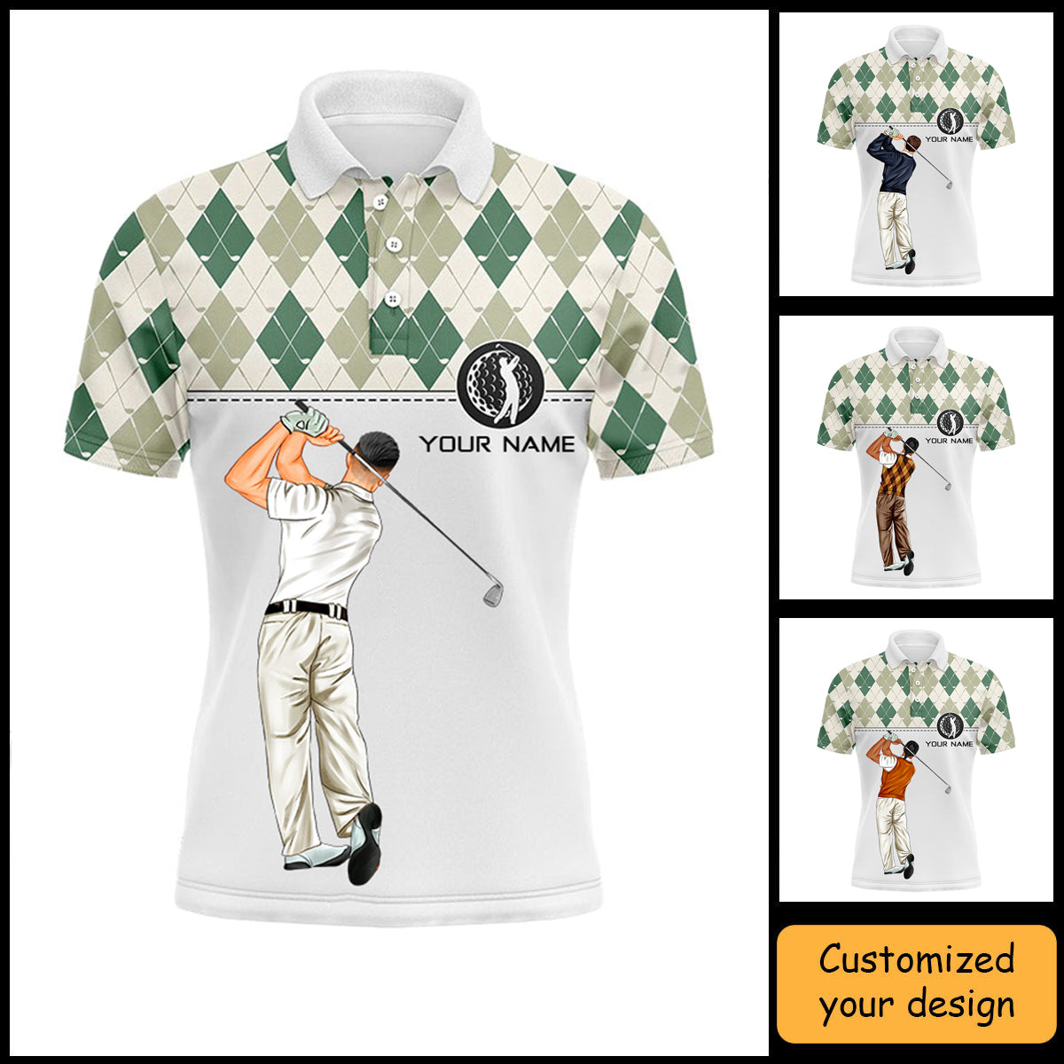 Golf Custom Polo Shirt, Green Argyle Pattern Golf Personalized Golf Polo Shirt