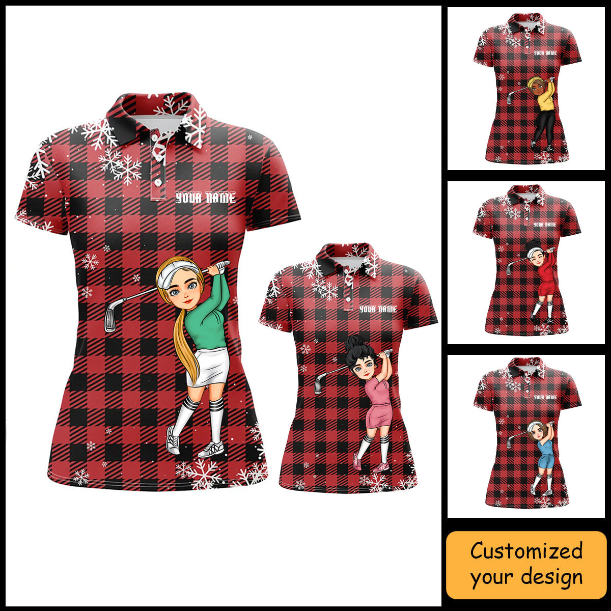 Golf Custom Women Polo Shirt, Christmas Snowflakes On Red Black Plaid Personalized Women Golf Polo Shirt